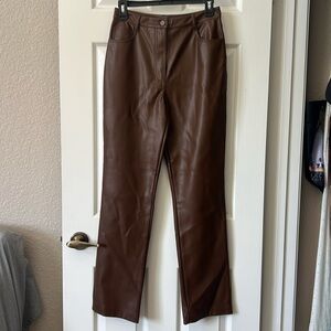 OAK+FORT Brown Vegan Leather Straight Leg Pants, Size 4